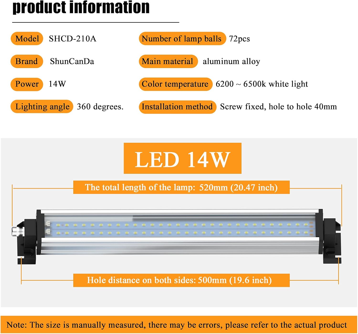 Led Industrial Machine Tube Light, IP66 Waterproof Explosionproof Work Lamp 20.5" 14W for CNC Internal, 110V to 220V Universal