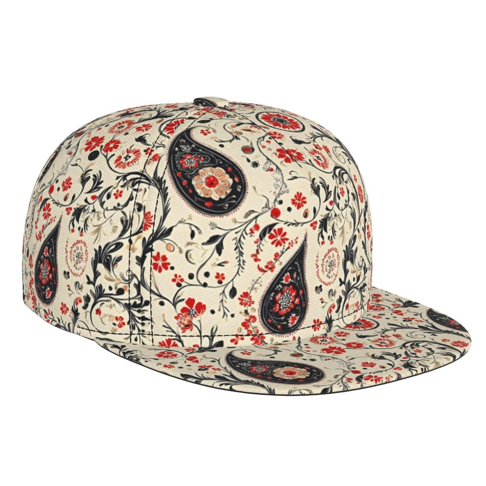 Oudrspo Unisex As Pic Black Red Paisley Pattern Printhats For Men, Adjustable Flat Bill Hat Baseball Cap For Men