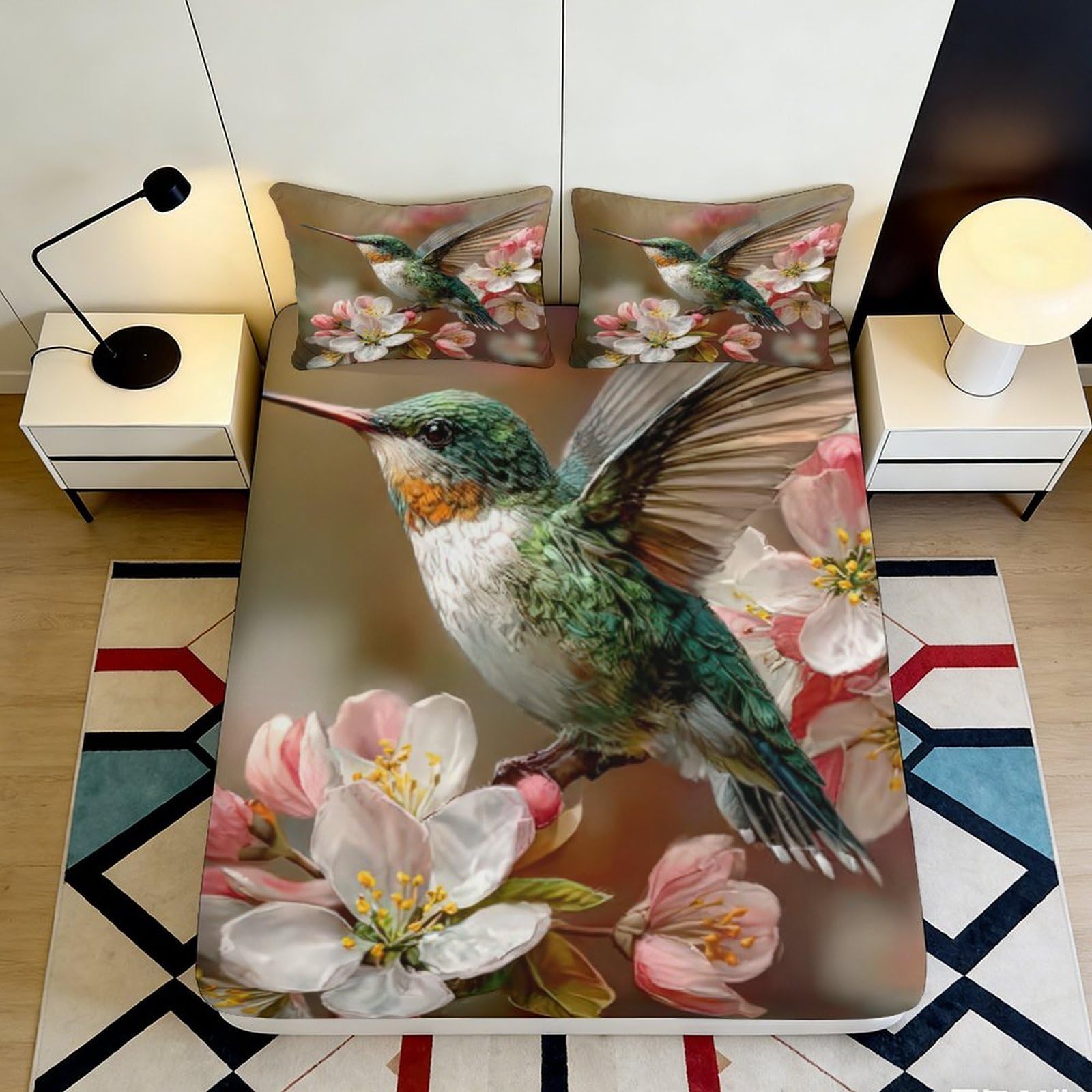 3D Printed Hummingbird Floral Fitted Sheet Microfiber Soft Breathable Bird Blossom Bed Cover for Bedroom Dormitory Guest Room Mattress Protection Decor 120x200x25cm