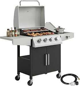Outsunny 4+1 Burner Liquid Propane Gas Grill, 48,000 BTU Outdoor Portable BBQ Grill with Side Burner, Warming Rack, Side Shelf, Storage Cabinet, Thermometer, 4 Wheels, Silver