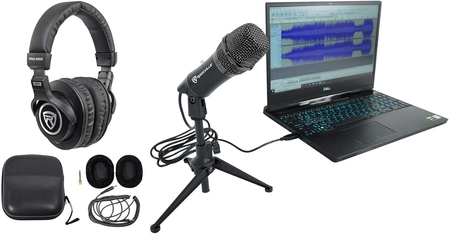 Rockville Z-Stream Bundle: USB Condenser Microphone for Streaming, Podcasting, and Video Calls, PRO-M50 Studio Headphones with Detachable Cable and Case, 2-Items