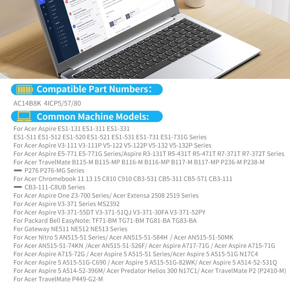 KingSener AC14B8K Laptop Battery for Acer Aspire AC14B3K A515-51 A517-51 E3-111 E5-771 ES1-131 ES1-311 ES1-331 ES1-511 ES1-512 ES1-520 ES1-521 Series Netbook Computer Batteries, 15.2V/48Wh - Image 2