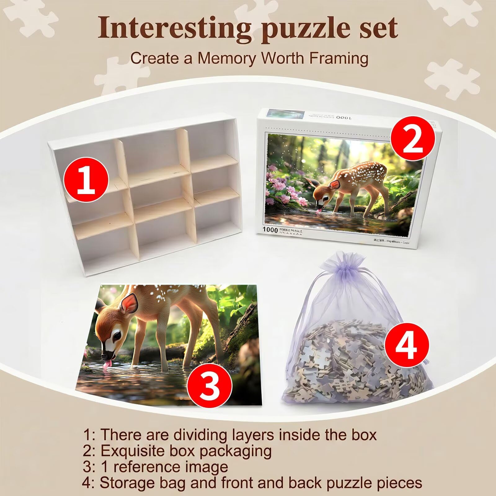 cervo foresta Puzzle 1500 Pezzi per Adulti, Puzzle in Legno - Collezione Classica con Poster Incluso - Sfida di Concentrazione e Passatempo Antistress, Gioco Educativo per Famiglia, 87 x 57 cm f0-638