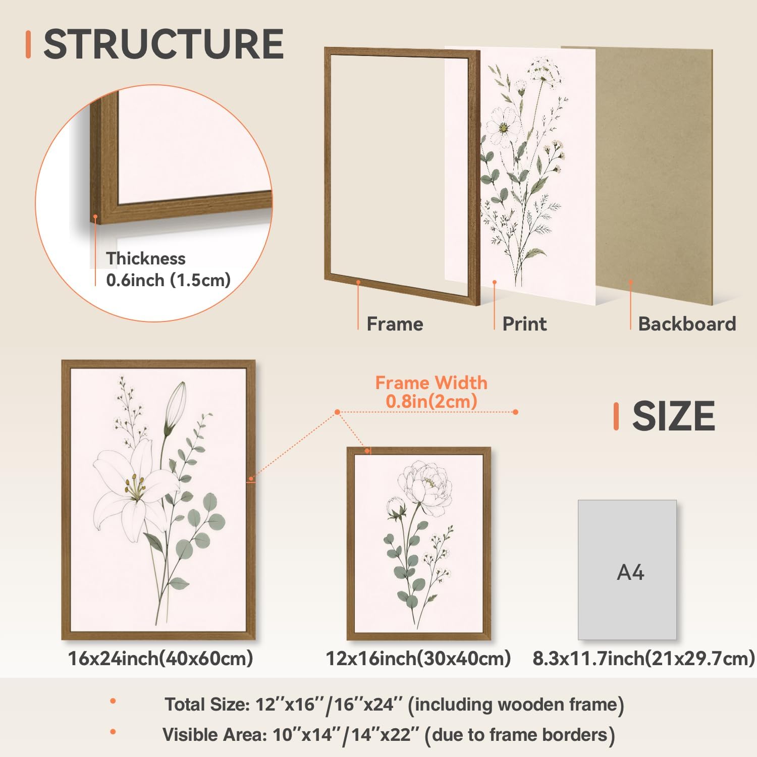 OPFDE Wood Framed Sage Green Botanical Wall Art Set of 3, Minimalist Wildflower Poster Prints, Neutral Floral Line Art Decor, Modern Farmhouse Bathroom Artwork for Living Room Bedroom 12x16 Inch