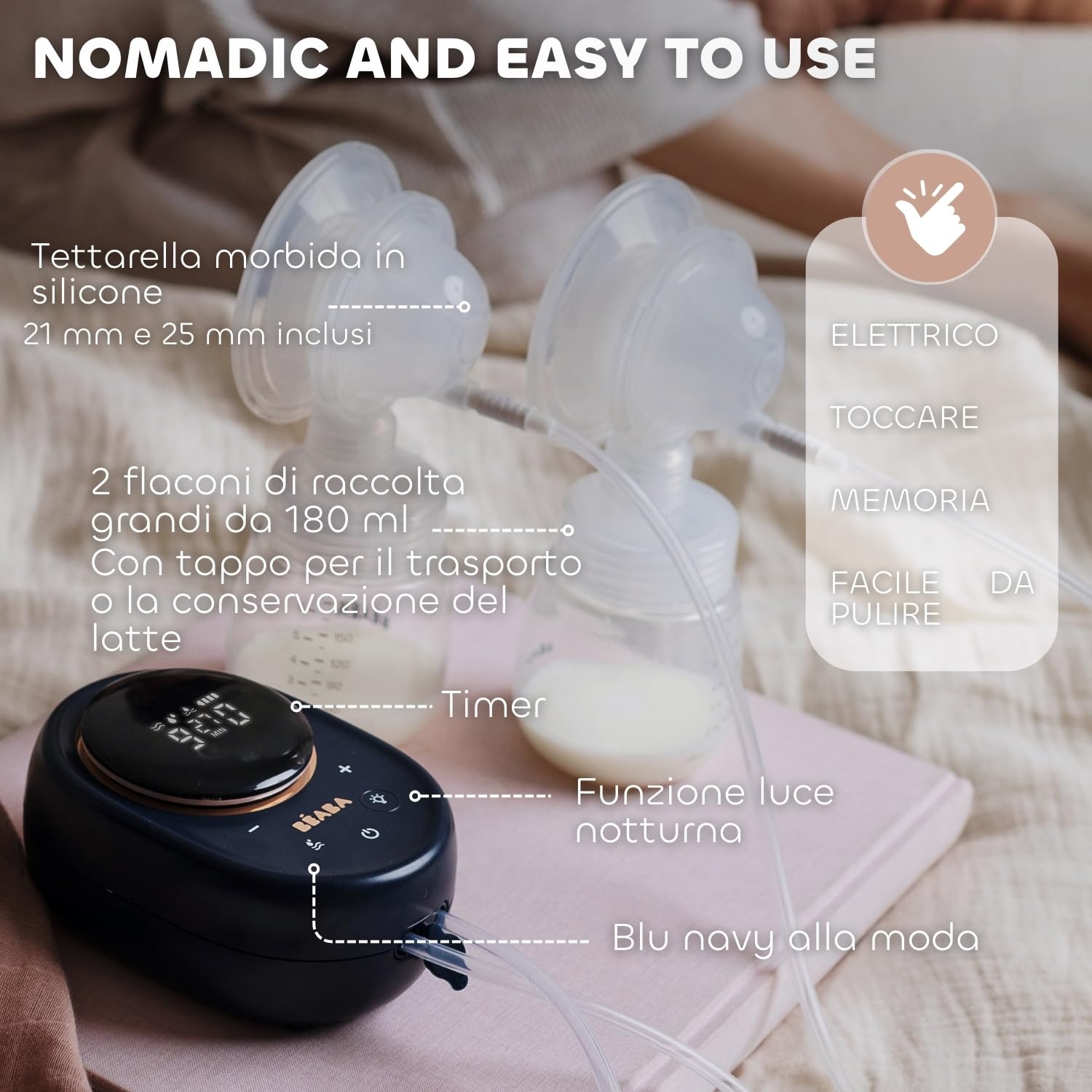 BÉABA, Tiralatte elettrico doppio, Uso semi-estensivo, 3 modalità, 9 livelli, Silenzioso, Grande capacità 180mL, Luce notturna, Timer, Funzione memoria, 6 sessioni, Ricarica USB C, Blu notte