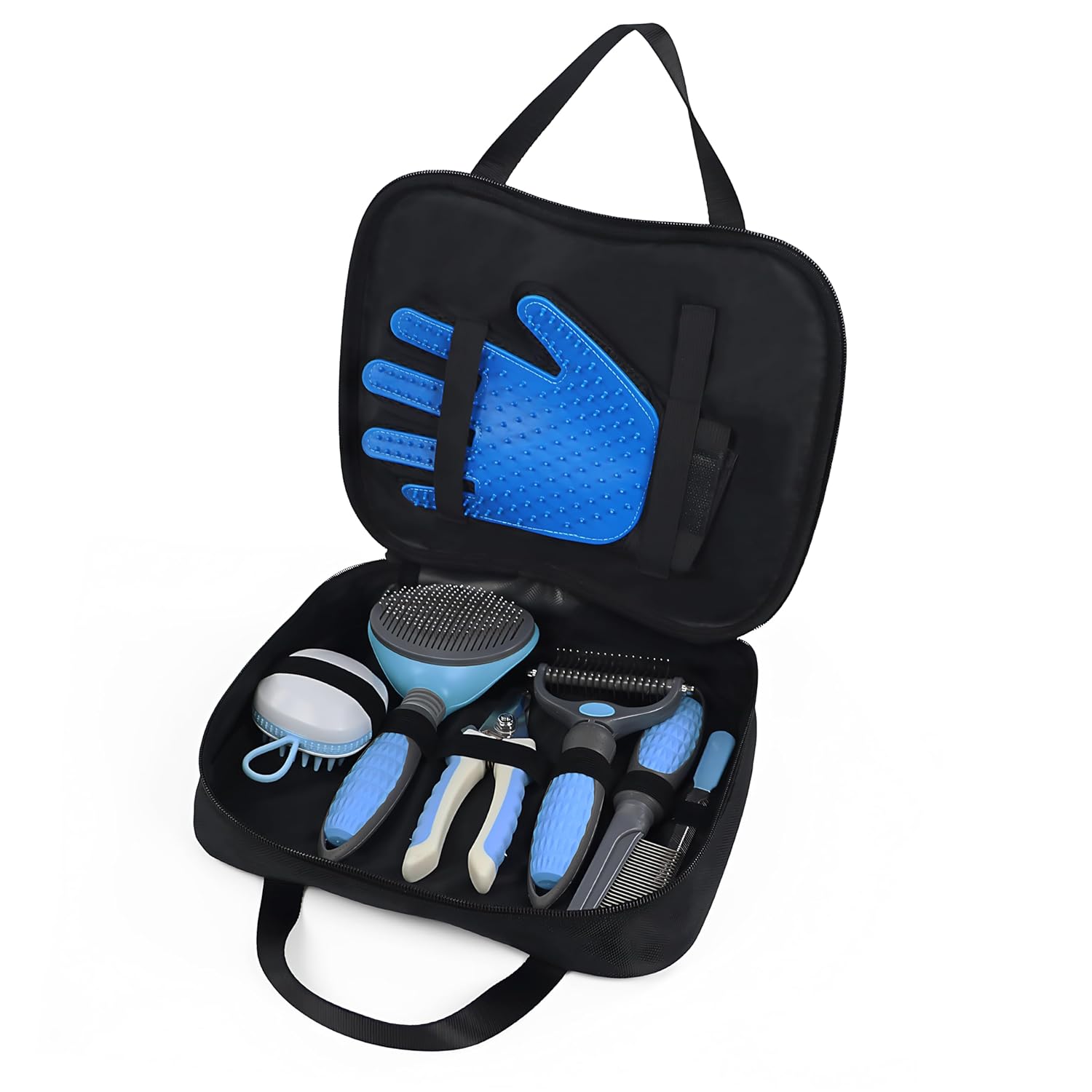Wisedog Pet Grooming Tool Kit – Nail Clipper Set, Dematting & Grooming Combs, Bath Brush, Hair Removal Mitts (Upgraded Blue)
