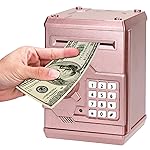 Renvdsa Cartoon Electronic ATM Password Piggy Bank Cash Coin Can Auto Scroll Paper Money Saving Box Gift for Kids (Rose Gold)