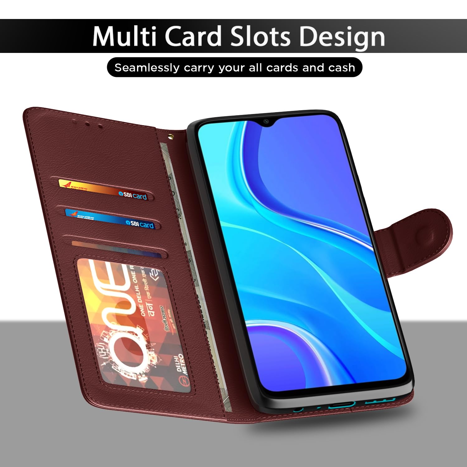 Pikkme Redmi 9 Prime/Poco M2 Flip Cover Case | Leather flip Back Covers Cases for Redmi 9 Prime/Poco M2 (Brown) 3