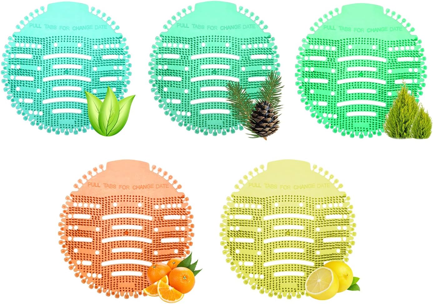 Urinal Screen Fresh Scented Anti-Splash Toilet Mat Bathroom Deodorizer Spatter with Air Freshener for Restroom (Multicolor, Pine Lemon-Orange-Pine-Natural Breeze-Lemon Fragrance, 5 pcs)