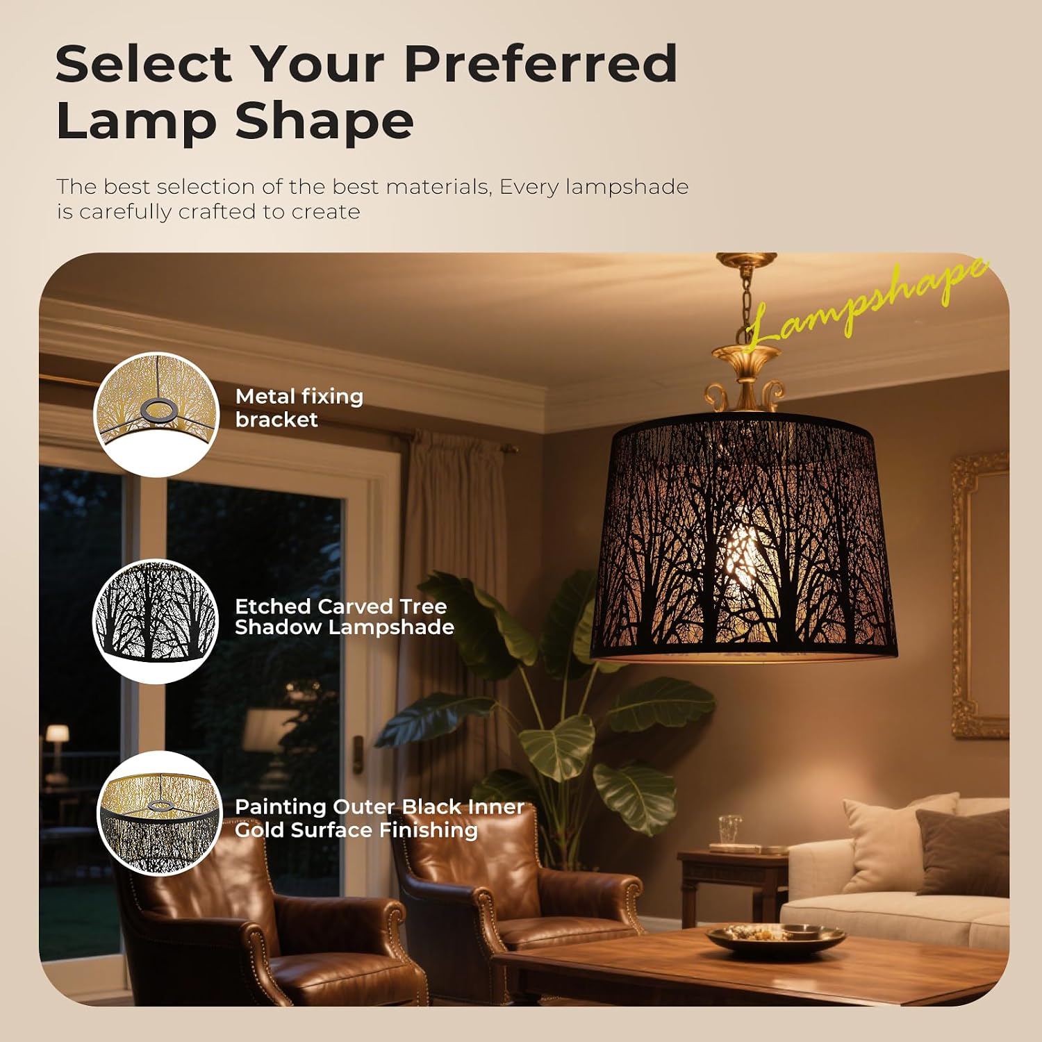 Vintage Drum Metal Lampshade, Forest Tree Pattern, 12W x14D x10H inches, Antique Color, lron Cover Lamp Shade for Table Lamps, Floor Lamps, Pendant Light Home Decor Spider Fitter (Black/Gold)