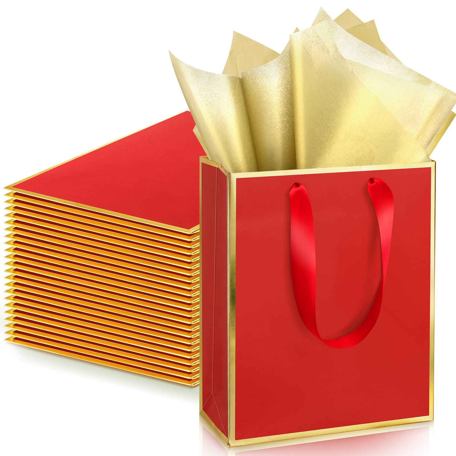 Yeaqee 24 Pack Metallic Paper Gift Bags with Handle and Tissue 9x7x3.1 Gold Foil Welcome Thank You Favor Bags Return Gifts for Wedding Graduation Bridesmaid Groomsmen Birthday(Red Gold)