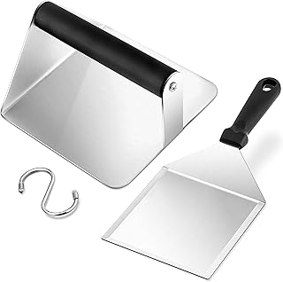Leonyo Hamburger Spatula & 5.5 Inch Square Burger Press, Heavy Duty Griddle Metal Turner Flipper & Stainless Steel Smash Bacon Grill Press for Flat Top BBQ Grilling Cheese Burger Patty, Plastic Handle