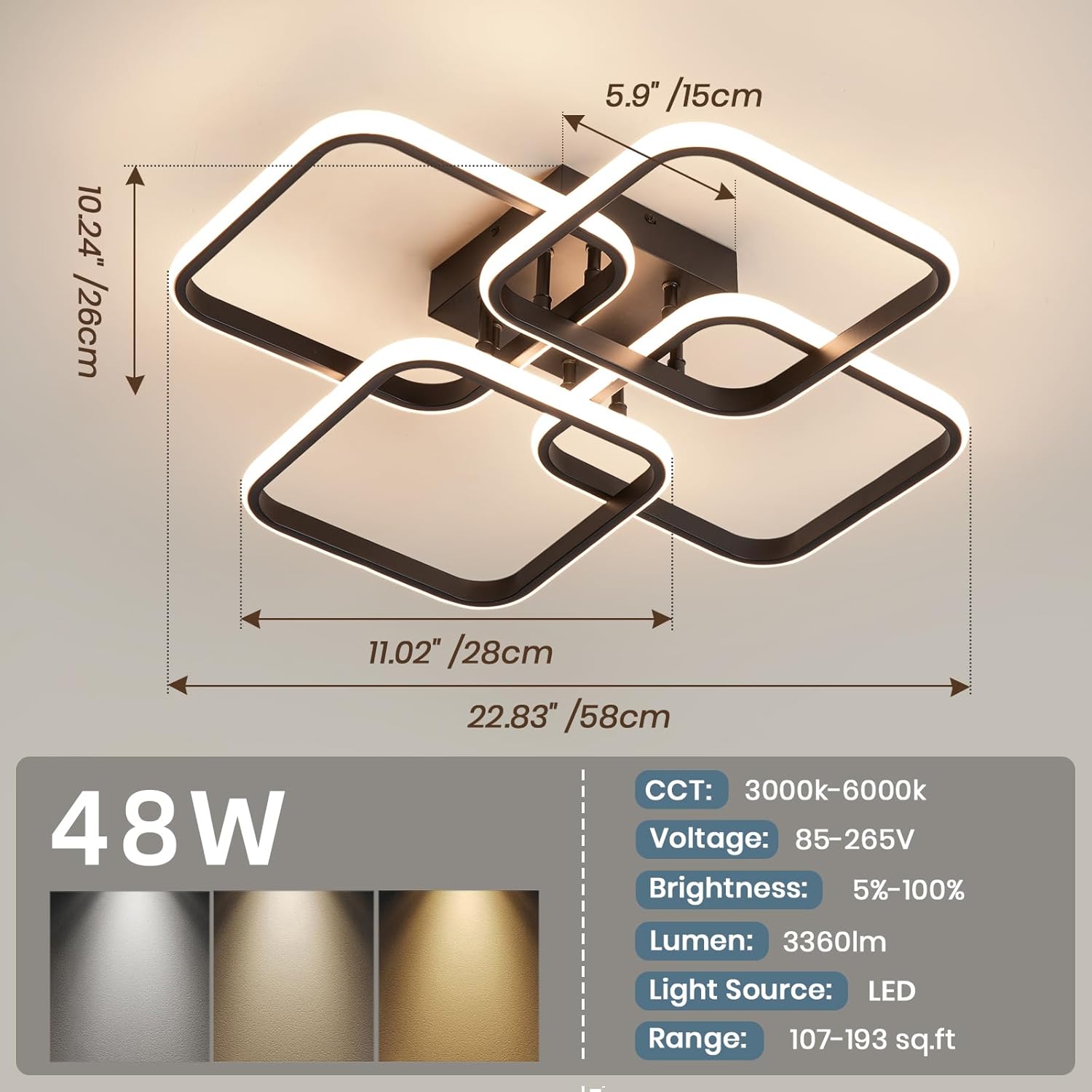 CANEOE Modern Black Led Ceiling Light, Square Dimmable Flush Mount Ceiling Light with Remote Control, Bedroom Ceiling Lighting Fixture for Living Room Dining Room Kitchen Office