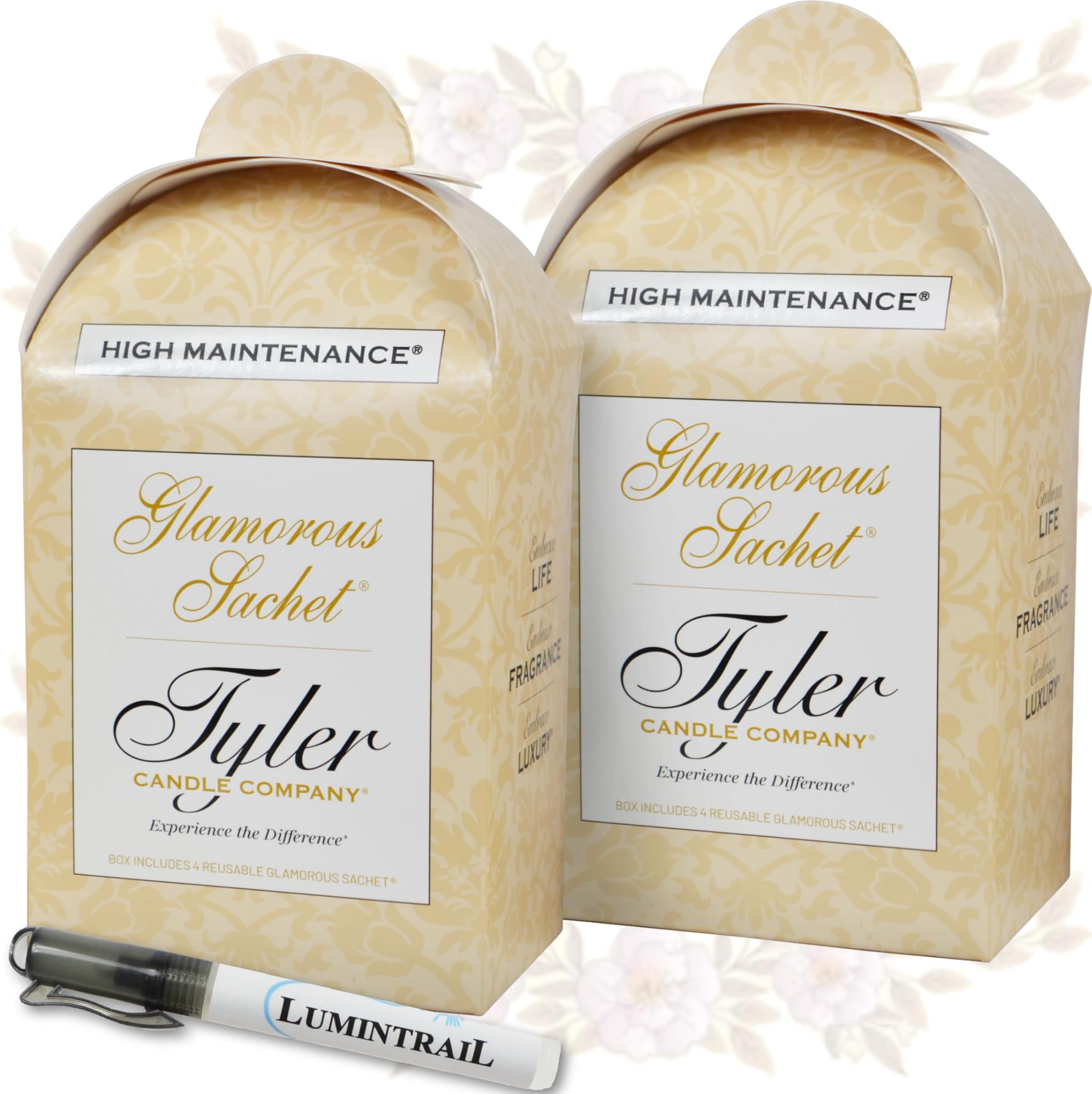 Tyler High Maintenance Dryer Sachets, 4 Glamorous Reusable Dryer Sachets Each Pack, 2 Pack, Home, or Personal Sachet, Bundle with a Lumintrail Stain Remover Pen