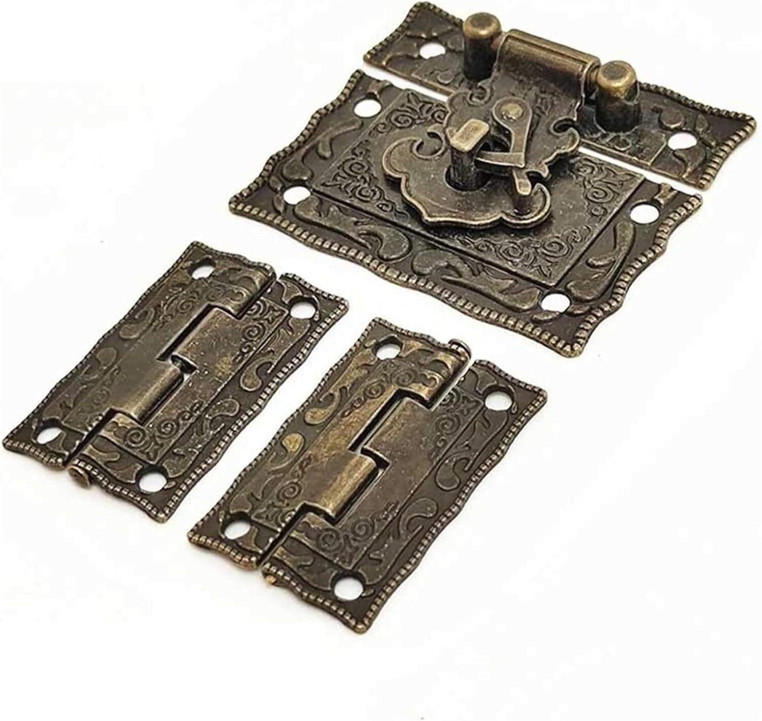 KeuLen Wooden Box Latch Hasp,2 sets of box buckles and 4 hinges Antique Bronze Padlock Wood Box Latch Hasp Suitcase Cabinet Hinge Furniture Fittings Decorative Hardware