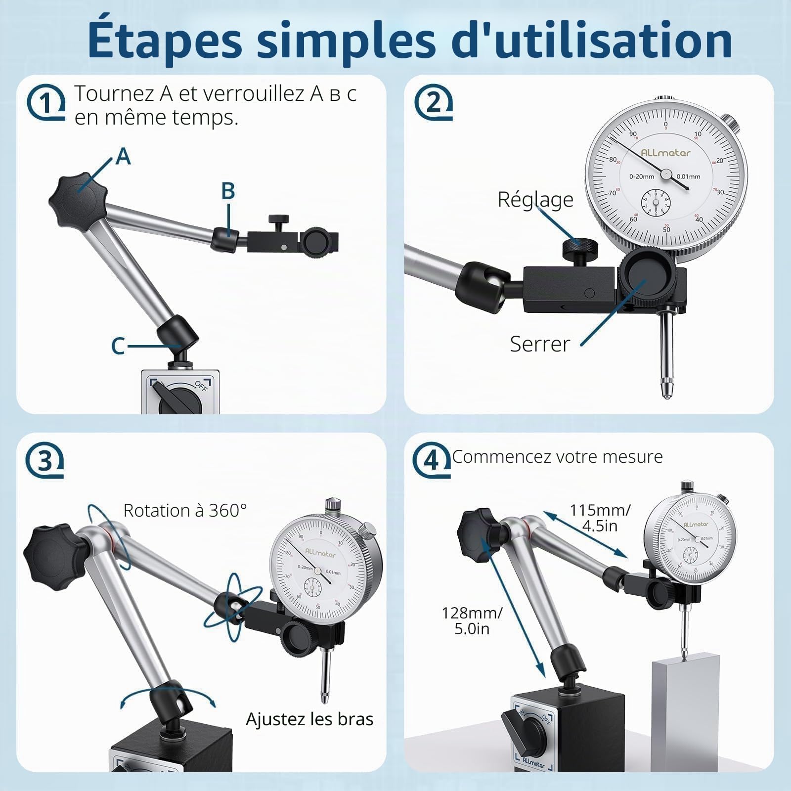 Comparateur mecanique 0-20 mm Avec Base magnétique Traction max 80kg Très flexible, Comparateur précision 0,01 mm, Ensemble d'indicateurs de cadran pour Calibration des plaques de surface
