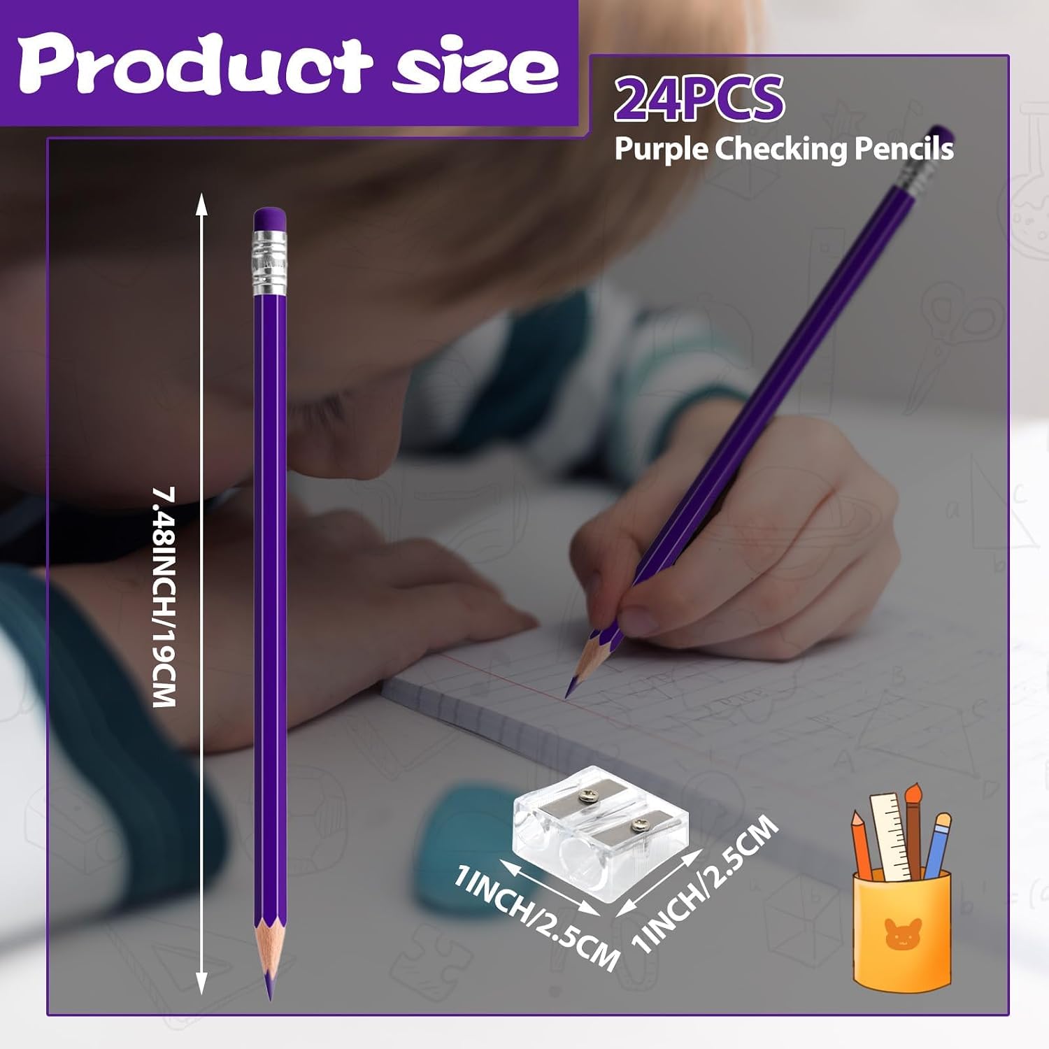 24PCS Erasable Colored Pencils with Eraser Pre Sharpened Pencil 2 HB - Ideal for Checking, Grading, Tests & Office/School Supplies (Purple) image 2