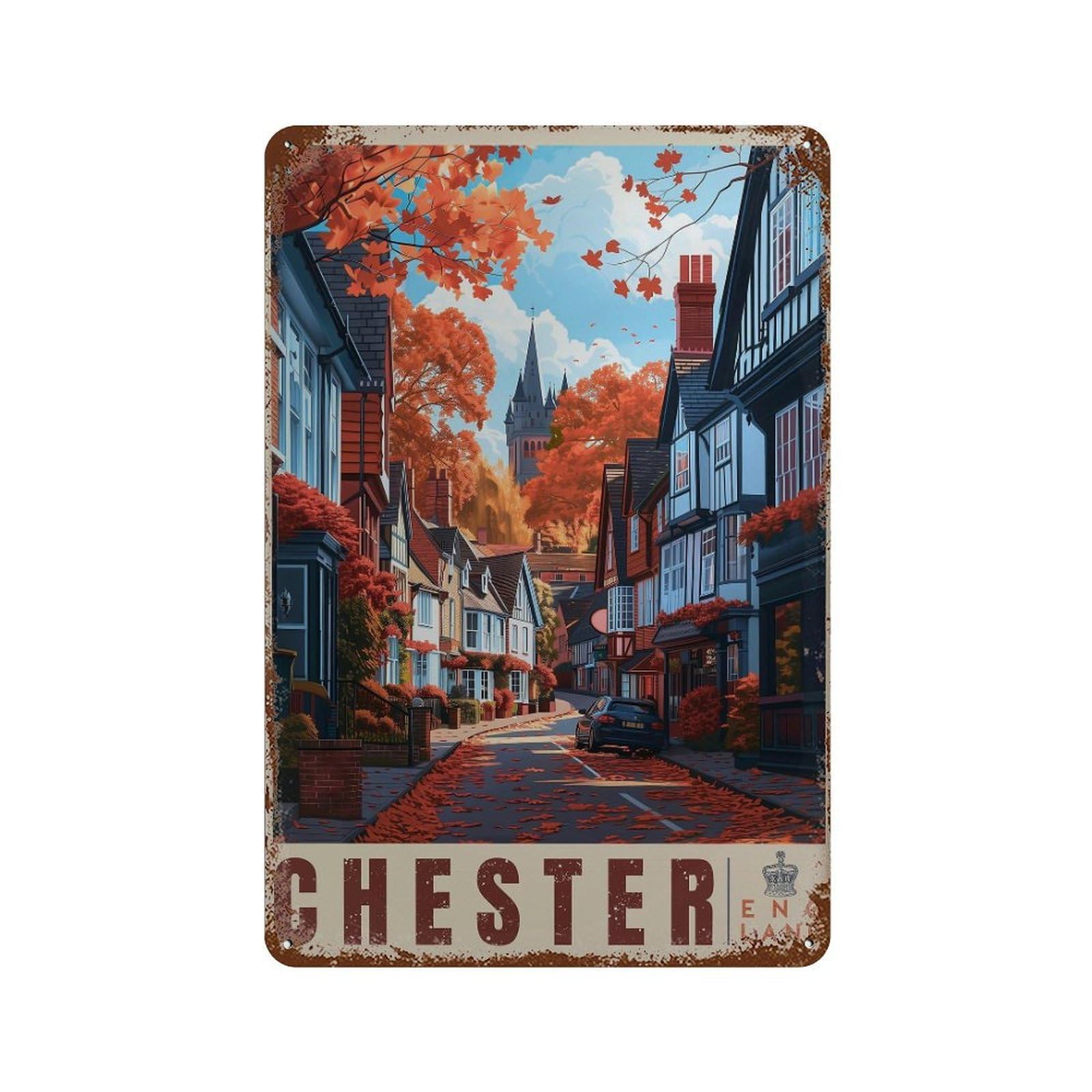 xiaoxiaoshen Chester England Travel Illustrated UK Cityscape Wall Decor Art Metal Tin Poster Modern Home Decor Art Home Bar Shop Decorations Vintage Sign 30x20cm