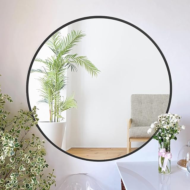 zenmag Round Mirror, 80x80 cm Metal Framed Wall Mirror, Large Bathroom Mirror, Circle Hanging Wall Mirror, Black Wall Mirror for Living Room Bedroom
