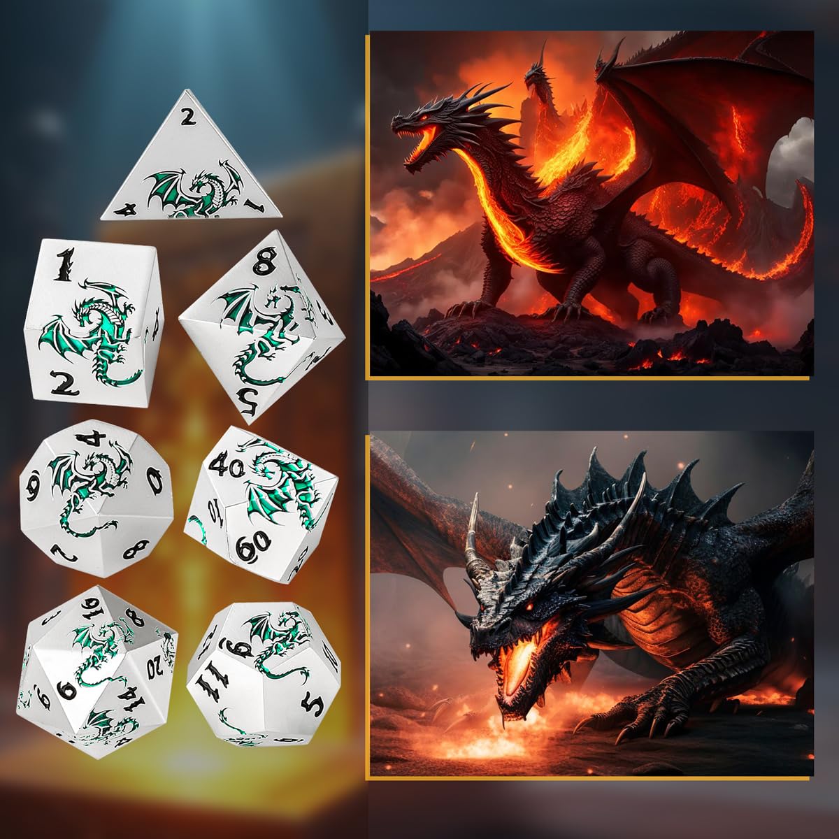 Metal Dice Set, Flat Face White Green Dragon Pattern, 7pcs Polyhedral Metal DND Dice Set, DND Starter Set - Image 3