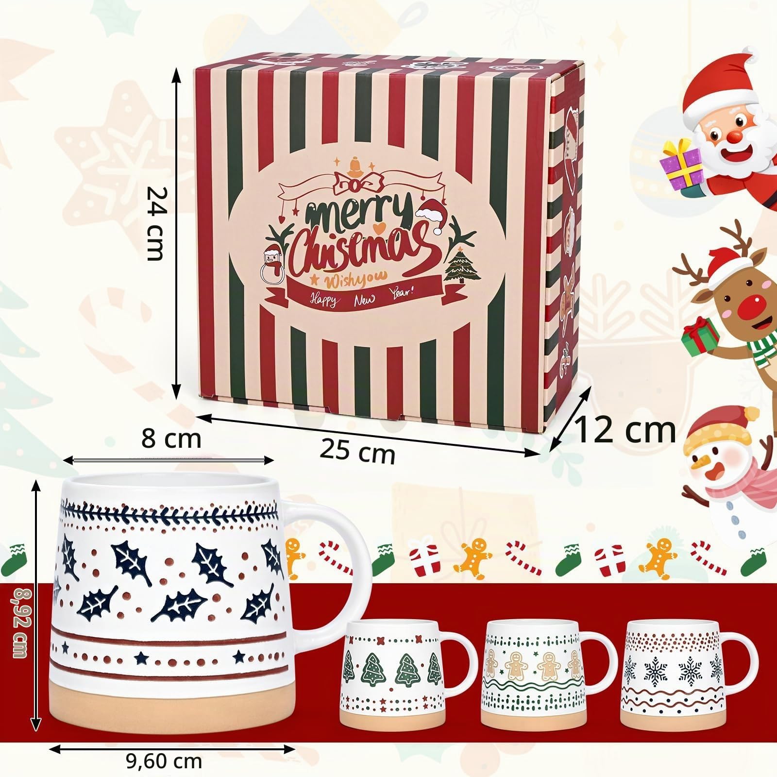 Joymaking Tasse Weihnachten Set Weihnachtsgeschenke für Frauen Freunde Kaffeetasse mit Weihnachtsbaum Schnee Lebkuchenmann Weihnachtstasse für heißen Kakao Glühwein, 400ml 4er Set Weihnachtstassen