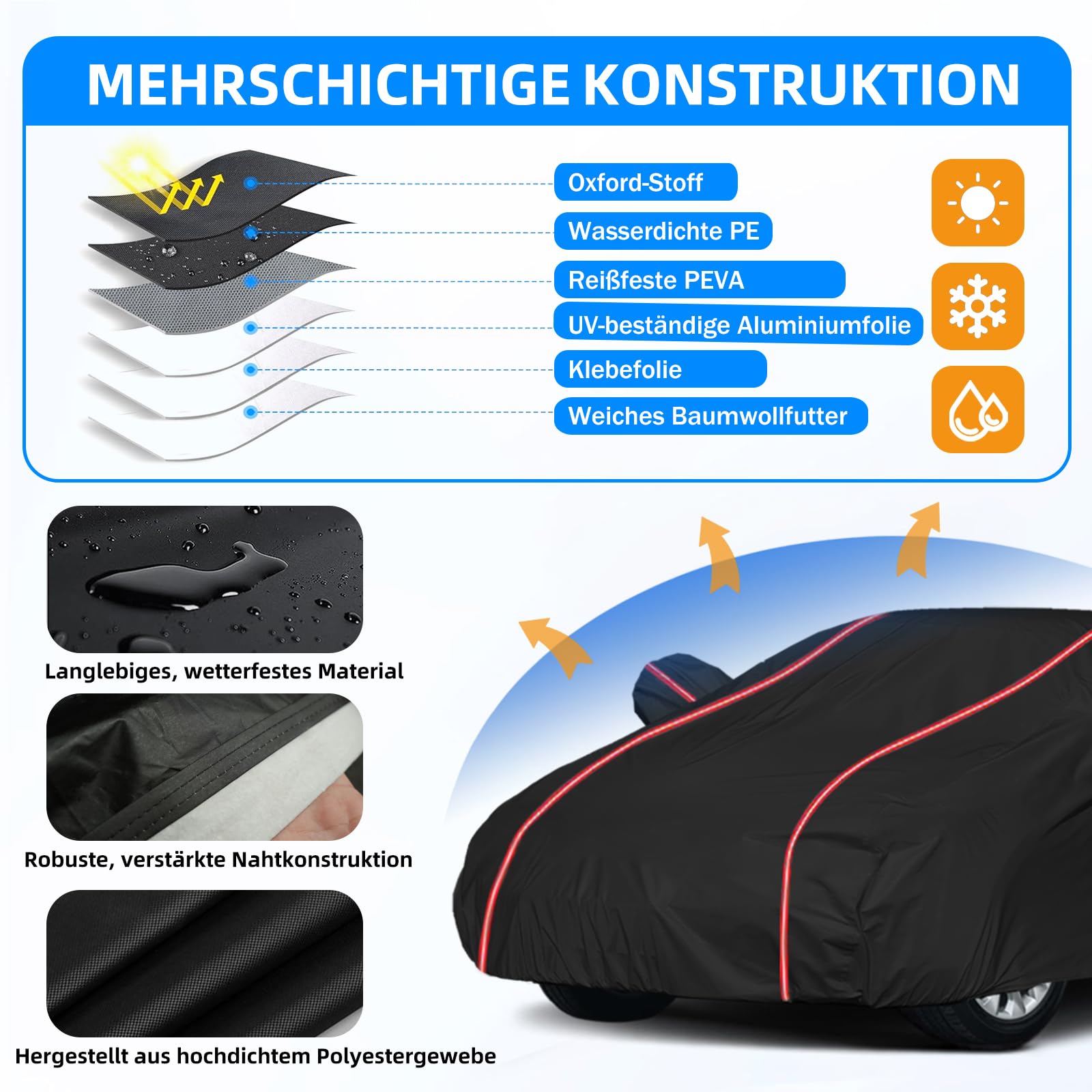 Auto Abdeckplane Vollgarage All Weather Staubdicht Autoabdeckung Outdoor | Wetterfest Autoplane Car Cover mit Reflektierenden Streifen für Schrägheck(415 bis 450cm), 450x183x150cm