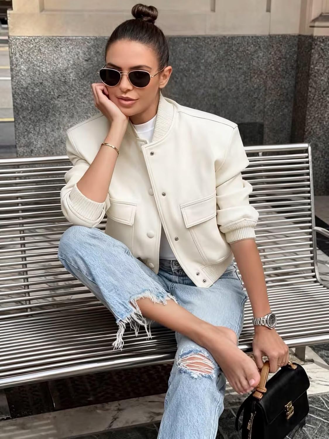 imbpceu Women Bomber Jacket Casual Long Sleeve Button Down Varsity Jackets with Pockets - Image 4