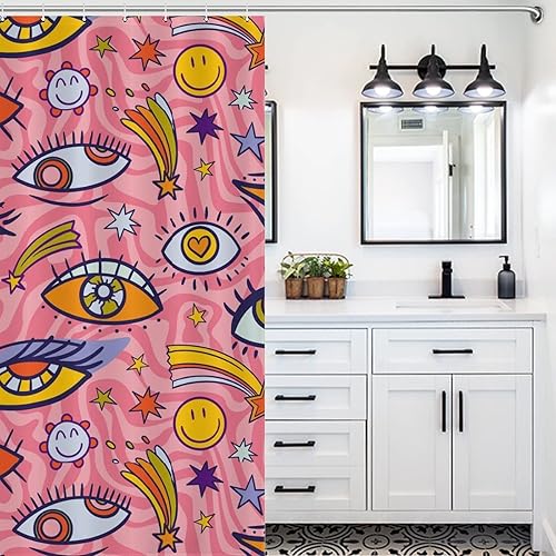 Miniatura 6 de Cortina de ducha hippie con patrón de ojos retro de los años 70 (72 x 72 pulgadas), juego de cortina de ducha impresa de tela de poliéster para baño