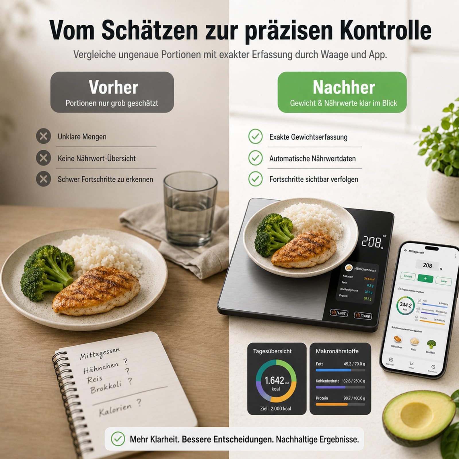 Smart Vita Küchenwaage, Smartvita Küchenwaage Kalorienwaage Hohe Präzision LCD-Display für Kochen Und Backen, Einfach Zu Reinigen Haushalt Und Profi