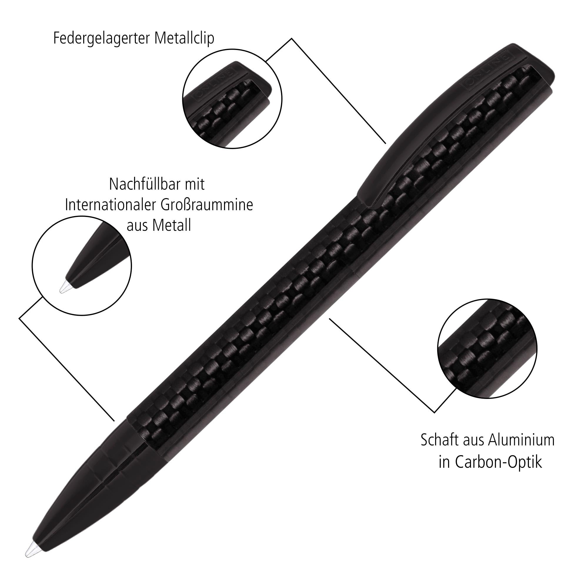 ONLINE ON36012 Drehkugelschreiber Vision Carbon mit internat. Großraummine Strichstärke M (mittel), Schreibfarbe schwarz, aus Aluminium und Carbon, in hochwertiger Geschenkbox