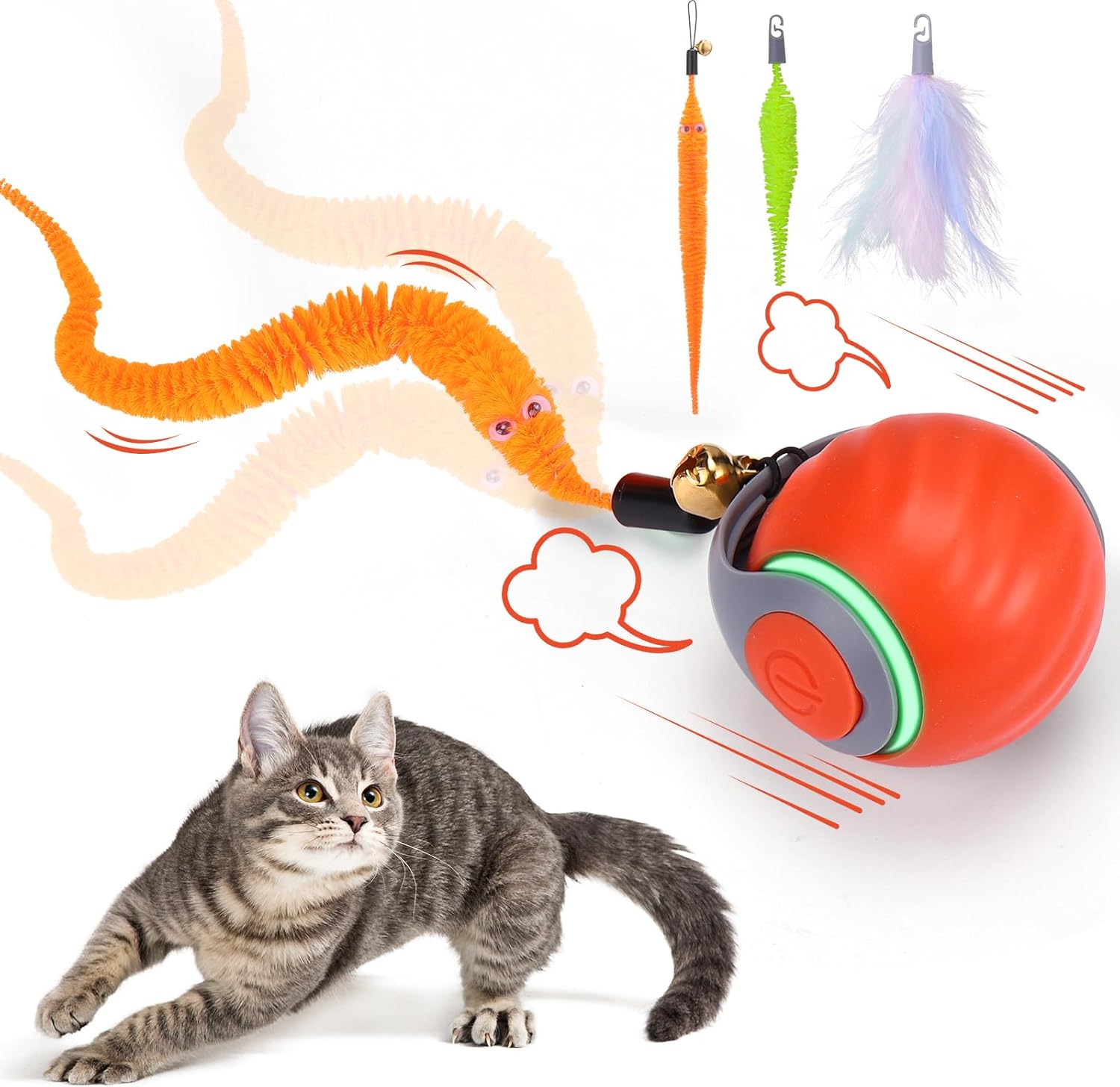BABORUI Interactive Cat Toy Ball – Automatic Interactive Cat Toys for Indoor Cats with 3 Tails, 2 Speeds Rechargeable Enrichment Toys for Small/Medium/Large to Keep Them Busy (Orange)
