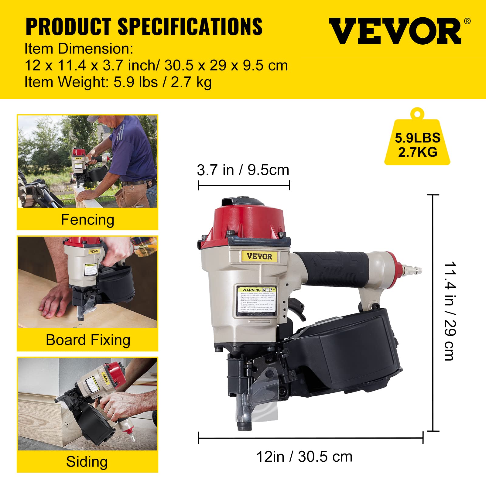 VEVOR Pistola CN55 con chiodatrice regolabile in PC, 15 gradi, per guida di chiodi di copertura veloci e duri, professionale, 1 pollice fino a 2-1/4", in metallo