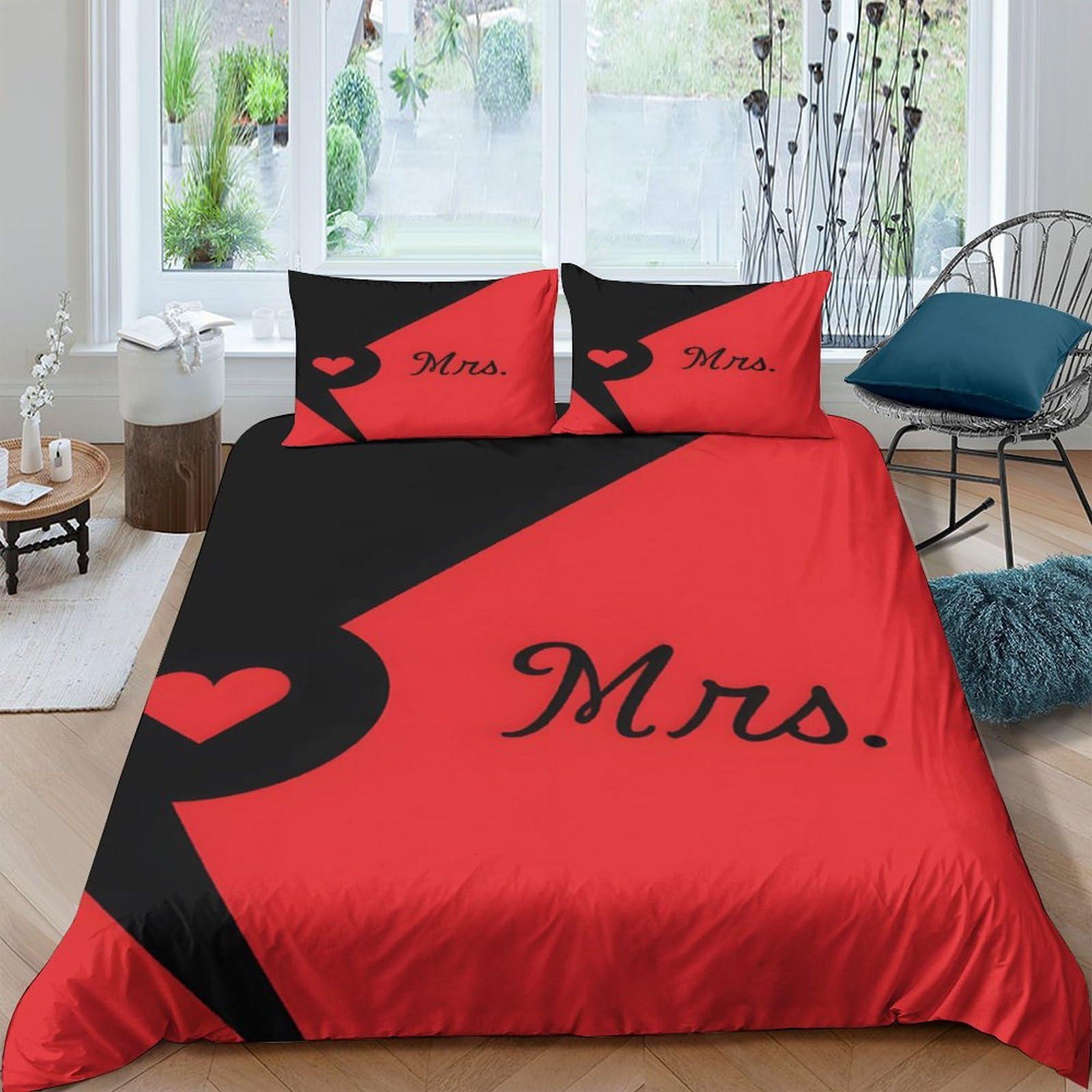 GPLZQXKJNH 3D Printed Red Black Mrs. Heart Duvet Cover Set Microfiber Soft Breathable Quilt Cover with 2 Pillowcases for Bedroom Home Single（135x200cm）