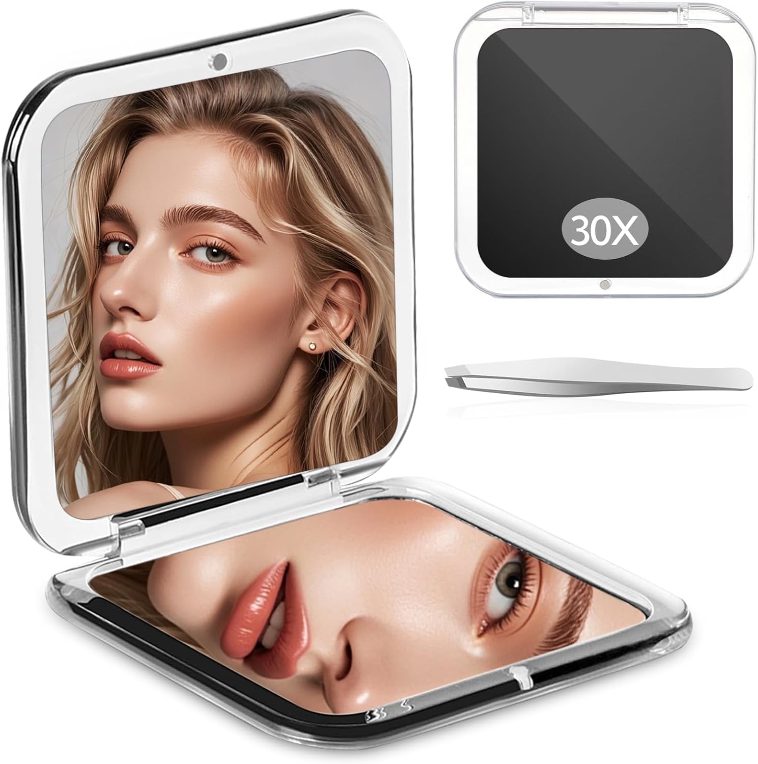 Zikenis Compact Mirror 1X/30X Magnification Mirror Small Makeup Mirror Double-Sided Travel Mirror Magnetic Switch Folding Pocket Mirror Portable Hand Mirror Black