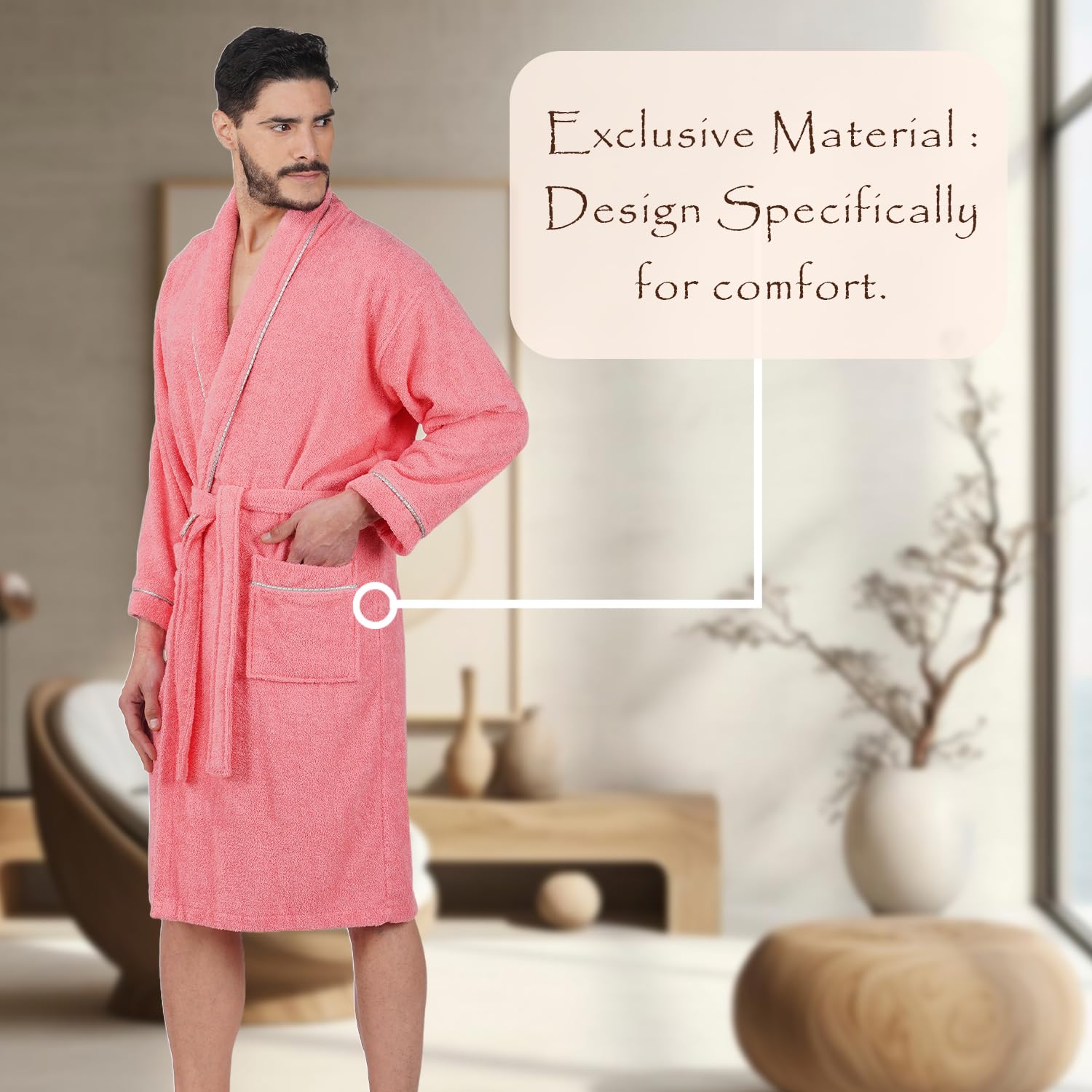 Rangoli Sunshine 100% Cotton Bathrobes For Men - Coral | 500 GSM Ultra-soft & Lightweight Bath Robe With Rope | Highly Absorbent Luxurious Bath Gown Robe For Man | After Bath Robe - Free Size - Image 7 thumbnail