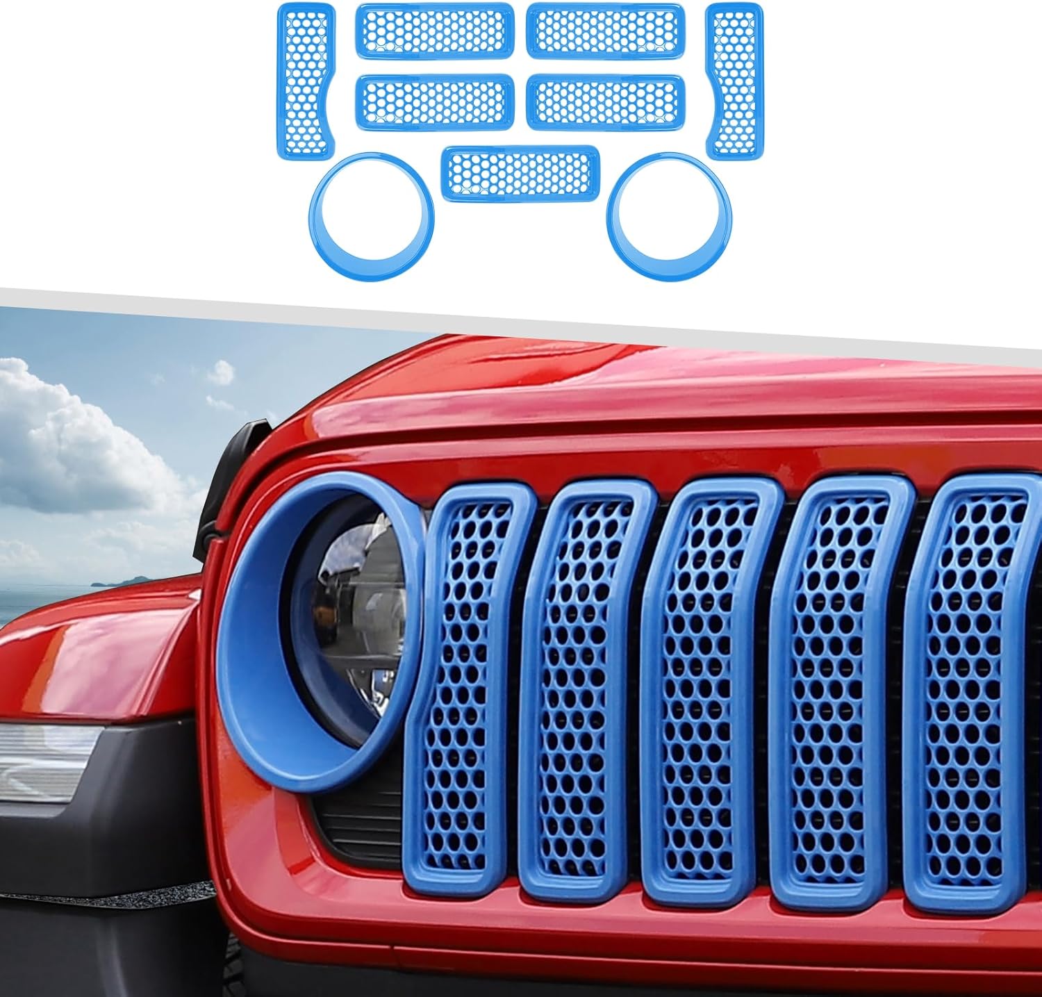 9PCS Headlight Cover & Front Grill Mesh Inserts Compatible with Jeep Wrangler JL JLU 2024+, NOT FIT JL Sport/Sport S (Light Blue)