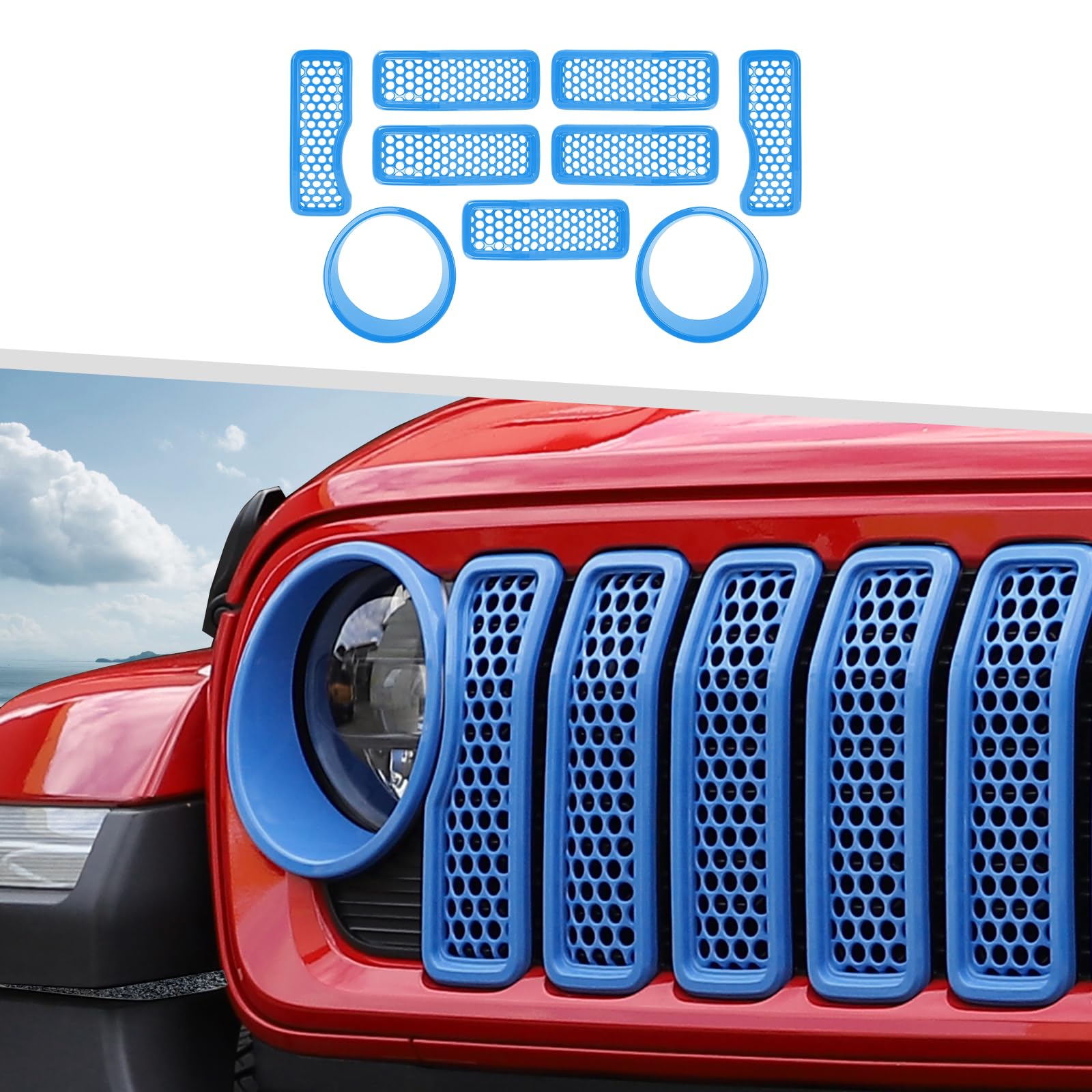 9PCS Headlight Cover &amp; Front Grill Mesh Inserts Compatible with Jeep Wrangler JL JLU 2024+, NOT FIT JL Sport/Sport S (Light Blue)