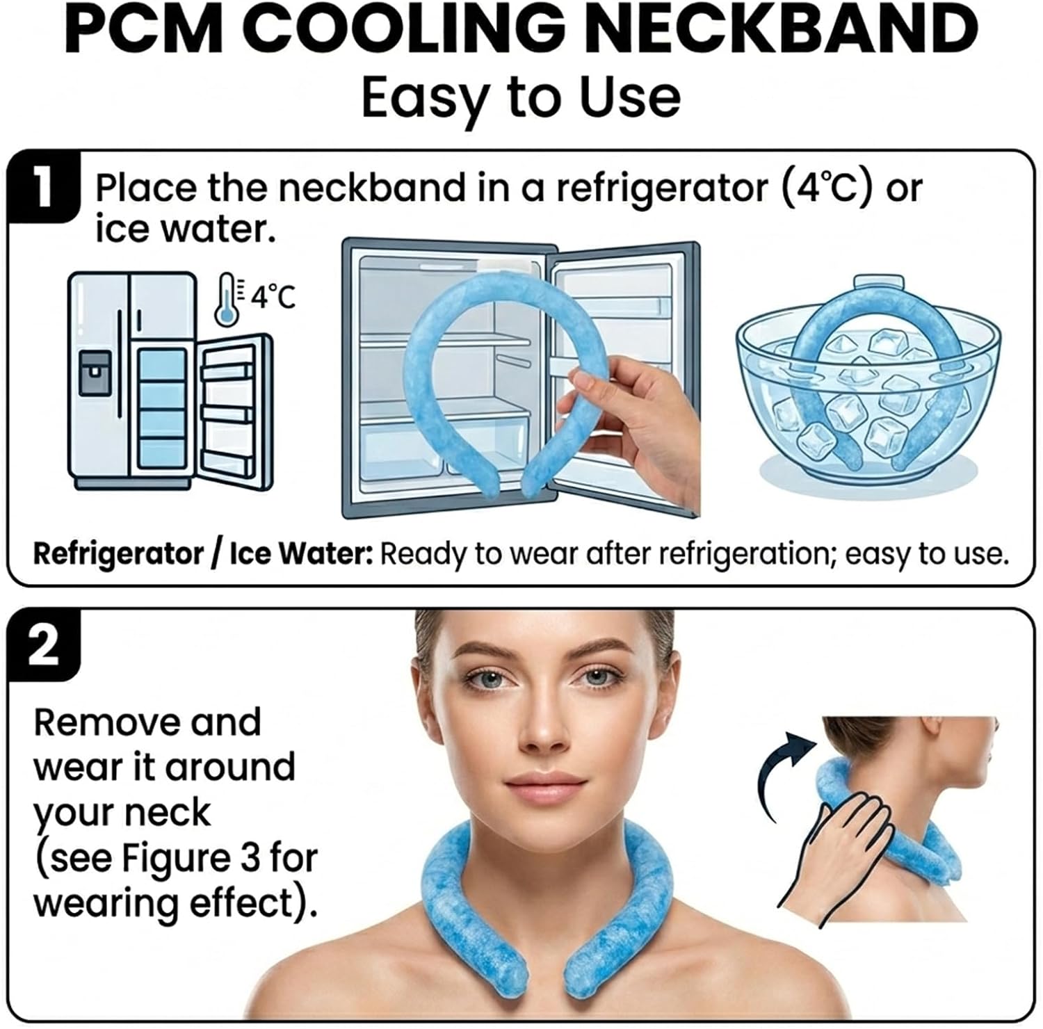 Cooling Neck Wrap for Fever Relief and Hot Flashes, Reusable Ice Pack, Breathable Neck Cooling Tube, Blue, Large (2 Packs)