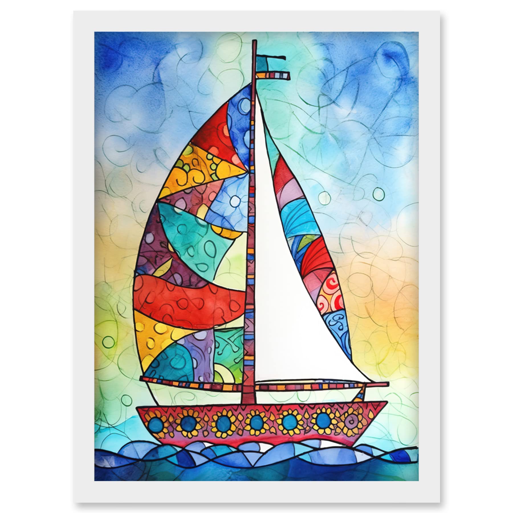 Artery8 Sailboat With Flower Pattern Folk Art Artwork Framed Wall Art Print A4