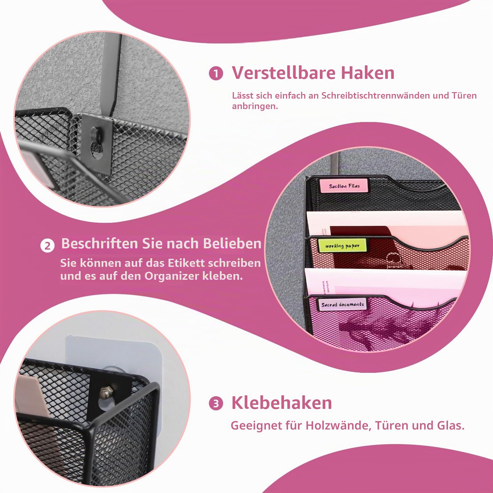 8-Fächer-Mesh-Wand-Aktenhalter Organizer Büro Hänge-Aktenordner Zeitschriften-Regal, Namensschild-Etikett-Haken-Set inklusive (Schwarz)