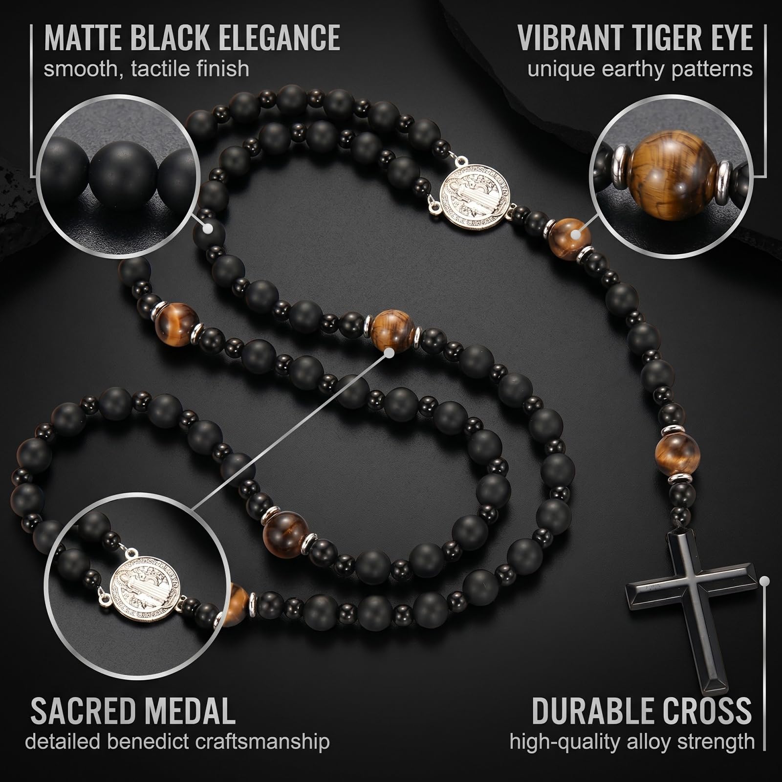 Rosario Cattolico con Pietra Vulcanica Nera Naturale, Collana Religiosa 65-70cm, Medaglia San Benedetto, Borsa Flanella