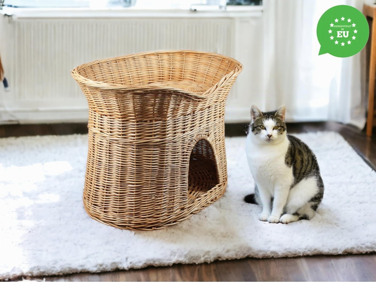 Katzenkorb zum Schlafen – Katzenhütte Indoor – Größe L: 60 cm oval – Katzenhöhle aus Weide – Zweistöckiger Hunde – oder Katzenbett – Natürliche Korbfarbe
