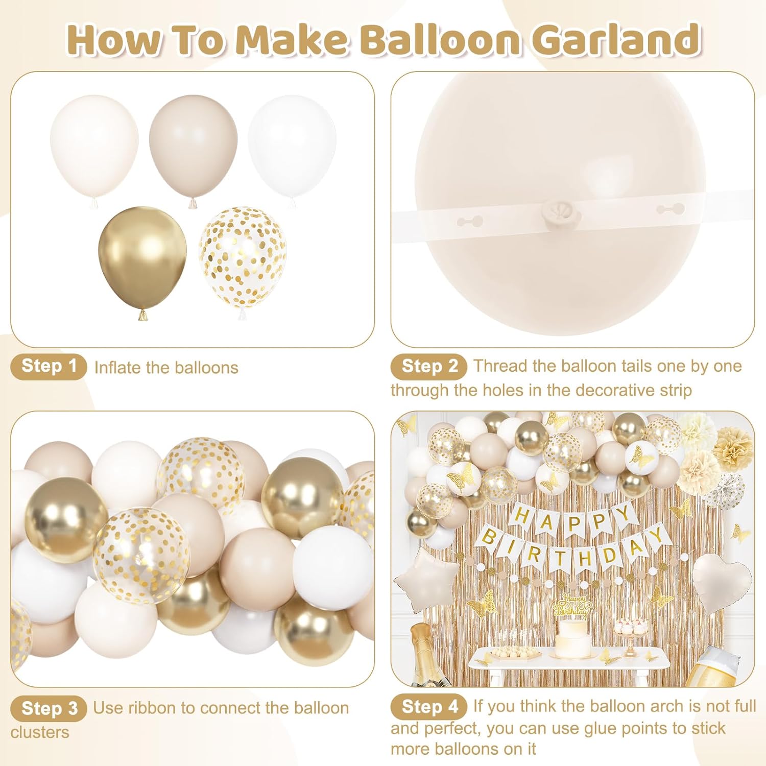 Ouddy Life White Gold Birthday Party Decorations Kit for Women Girls, Happy Birthday Banner, Sand White Metallic Gold Foil Confetti Balloons, Fringe Curtain, Cake Topper, Pompoms, Butterfly Supplies - Image 6