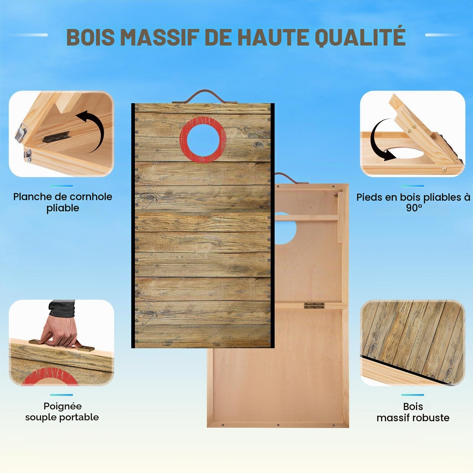 NZQXJXZ Cornhole Jeu Complet, 60 x 30 cm Planches à Trous de Maïs de Qualité Supérieure en Bois Massif avec 6 Poufs et Un Sac de Transport, Ensemble de Jeu de Lancer de Maïs pour Famille et Adultes