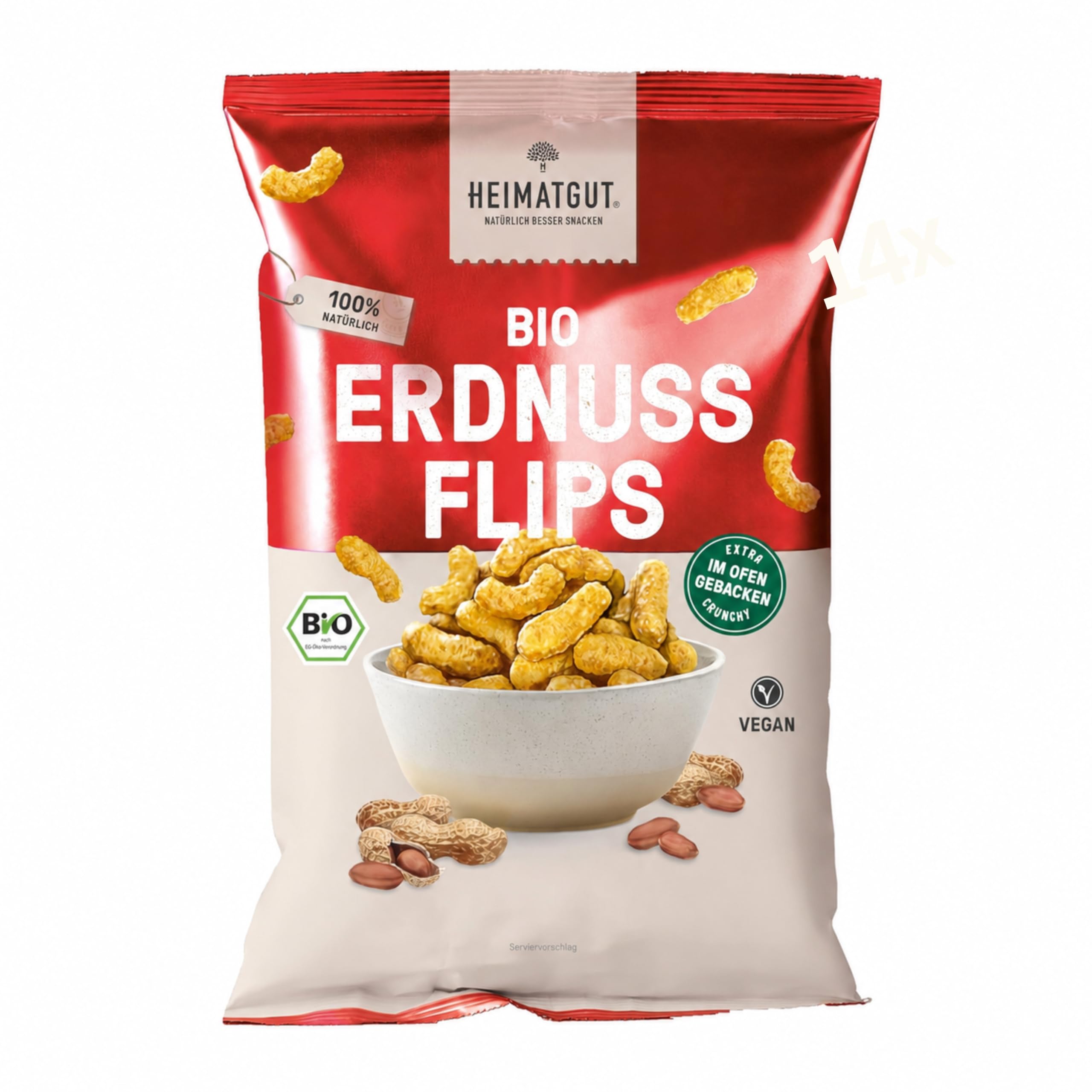 HEIMATGUT Bio Erdnussflips - Im Ofen gebacken statt frittiert - 100% Bio & Vegan - Mit 33% gerösteten Erdnüssen - Proteinquelle - Ohne künstliche Zusätze - 123 kcal pro Portion (14 x 125g)