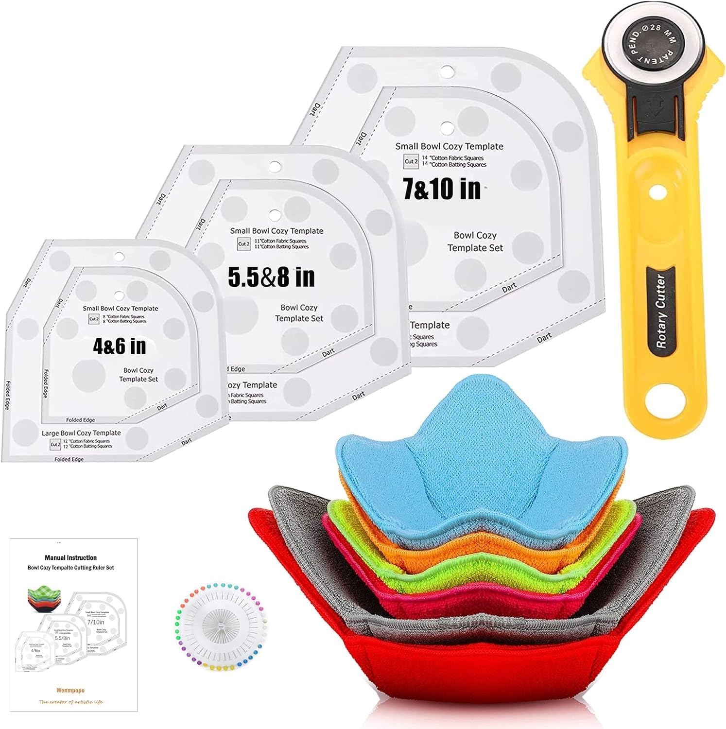 Bowl Cozy 3 Size Pattern Template - Quilting & Sewing DIY Kit - Acrylic Bowl Wrap