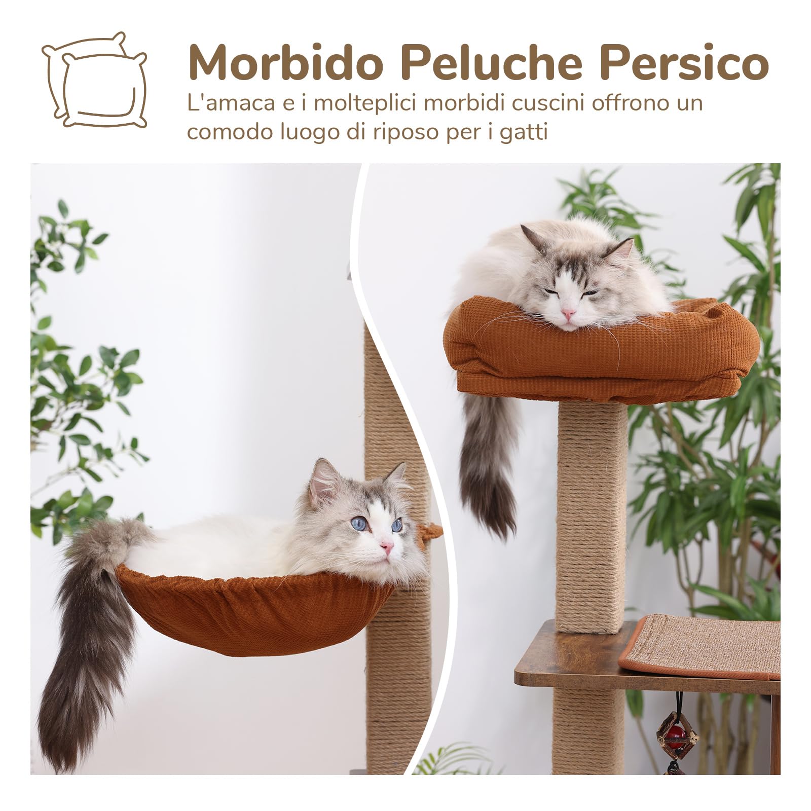FUKUMARU Tiragraffi per Gatti XL, Albero Tiragraffi in Legno Stabile e Multilivello alto 135.5 cm, Alberi per Attività per Gatti con Pali in Sisal, Tiragraffi con Amaca,Grotta,Piattaforma-Marrone