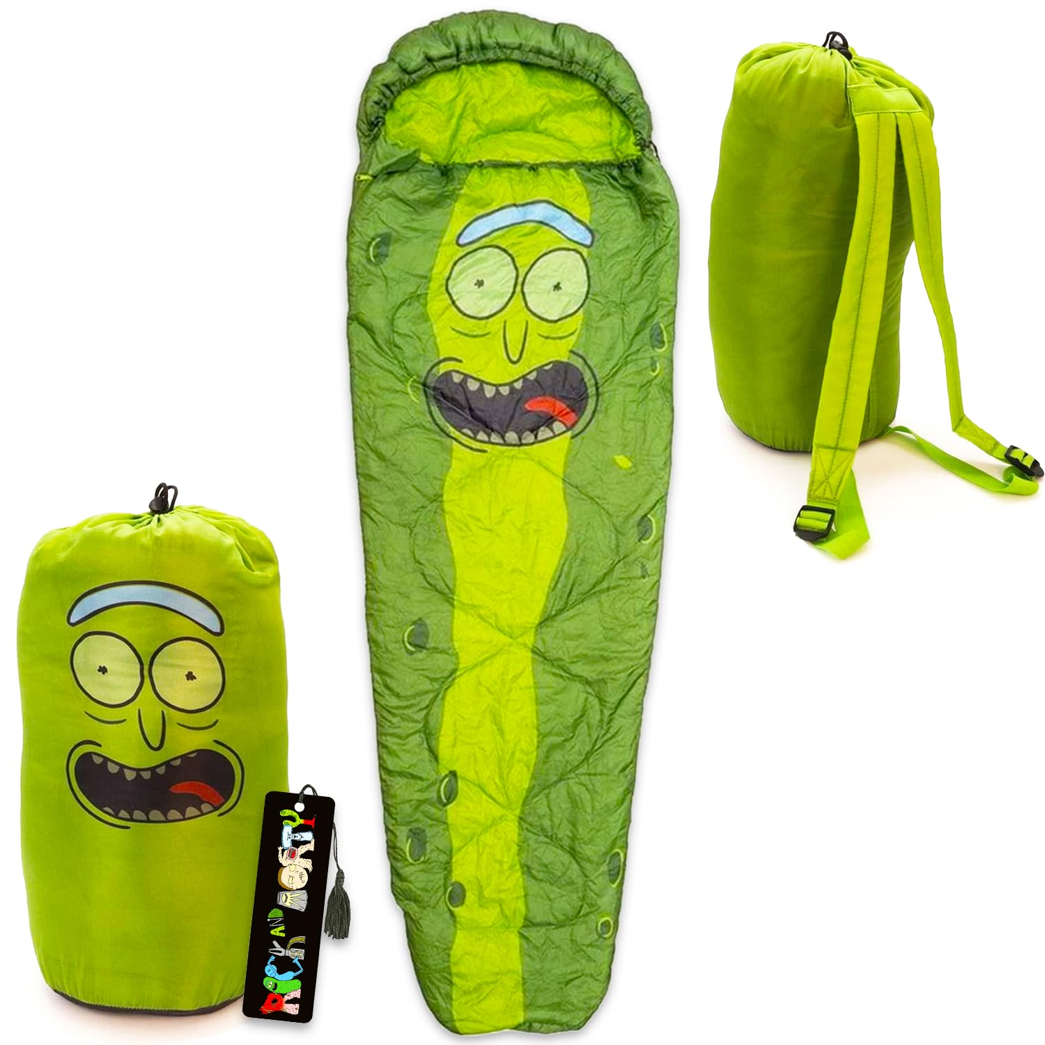 Rick and Morty Übernachtungs-Set – Set mit Pickle Rick 218,4 x 73,7 cm Schlafsack mit Tragetasche und Lesezeichen