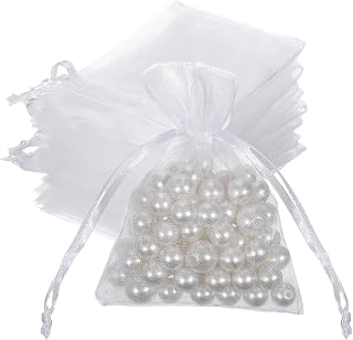 JJUNW 100pcs Mini Organza Bag Thin, Small Mesh Gift Bags, Wedding Favor Mesh Bags with Drawstring Jewelry Gift Gift for Candy Wedding Party Gift Bridal Shower Mother's Day and Baby Shower (White)