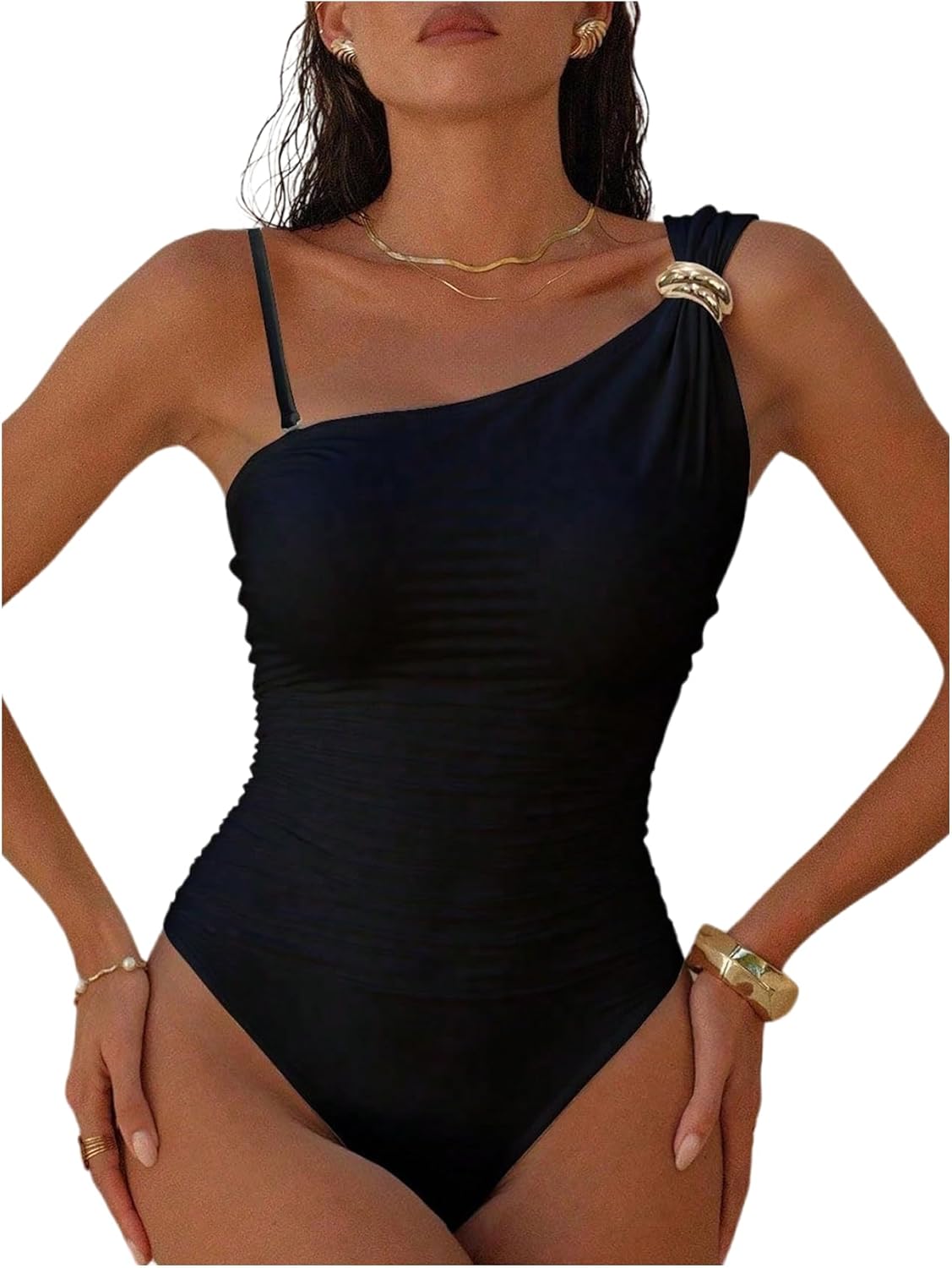 GORGLITTER Women's One Shoulder Monokini One Piece Swimsuit Modest Cheeky Tummy Control Bathing Suit Swim Suit Swimwear